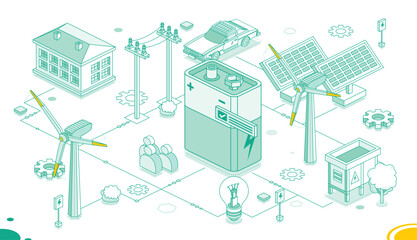 Clean energy concept. Isometric 9V nine volt battery, solar panels and wind turbines isolated on white background. Outline style. Green energy. House with electric car.