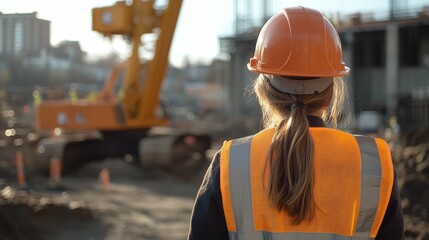 A woman in a construction site wearing a hard hat and orange vest. She is looking at the camera