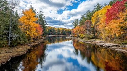 A calm river reflecting the trees and sky above, with the water extending out toward the horizon.