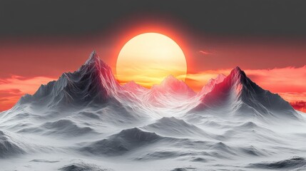 Canvas Print - A vibrant sunset over snow-covered mountains creates a serene landscape.