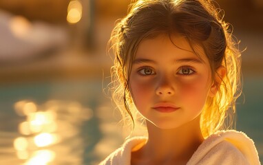 Poster - A young girl with blonde hair and blue eyes is standing in front of a pool. She is wearing a white towel and she is enjoying the sun