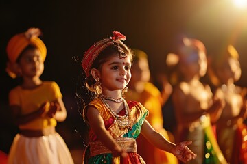 Wall Mural - Child in traditional Indian dance attire performing on stage