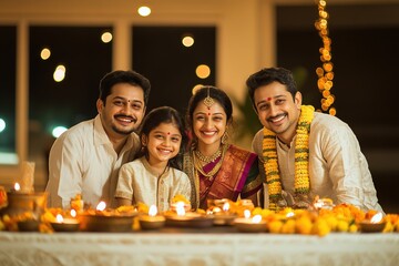 Wall Mural - Happy family celebrating Diwali with diyas and marigold flowers