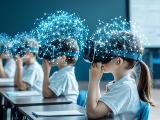 Poster - Teachers and students collaborating in a fully immersive quantum-powered classroom, augmented learning through AI-driven simulations