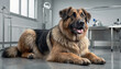 © Елена Пантюхина - German shepherd dog sitting on the floor in veterinary clinic. Pet health concept.