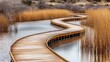 © pinporn manosri - Winding wooden boardwalk through a swampy wetland, with reeds and waterfowl surrounding the path