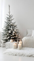 Wall Mural - Serene white Christmas interior with minimalist decor, featuring a decorated fir tree, lit candles, and cozy knit textures for a peaceful holiday ambiance.