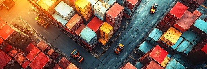 Poster - Aerial panoramic view of a busy container terminal with stacked cargo containers,shipping vessels,loading cranes,and various logistics taking place in the urban industrial landscape.