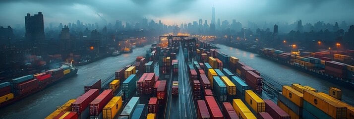 Poster - Aerial panoramic view of a busy international container port during a stormy,overcast day with a dramatic cityscape in the background.