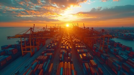 Poster - Aerial panoramic view of a busy international container seaport at sunset,with cargo ships,gantry cranes,and logistics infrastructure.