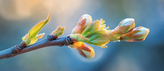 Sticker - Close up of a blooming branch with new leaves and flower buds in spring against a blurry blue sky.