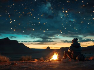 Wall Mural - man sitting by campfire under starry sky at night