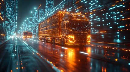Leinwandbilder - Bustling night city street scene with an illuminated cargo truck in motion,reflecting on the wet road surface amidst the neon lights and skyscrapers.