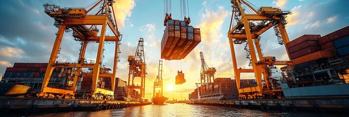 Poster - Bustling port scene with towering cargo cranes and stacked shipping containers against a dramatic sunset sky.