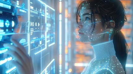 Poster - Woman, A futuristic AI customer support assistant interacting with holographic customer inquiries, each inquiry being answered in real time, a clean high-tech environment with glowing blue lights.