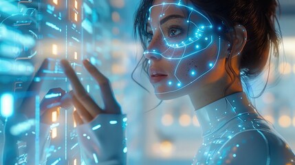 Wall Mural - Woman, A futuristic AI customer support assistant interacting with holographic customer inquiries, each inquiry being answered in real time, a clean high-tech environment with glowing blue lights.