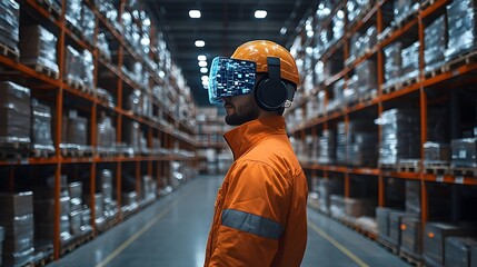 Poster - Interior view of a large organized warehouse facility with rows of metal shelving units with various commercial products,containers,and equipment.