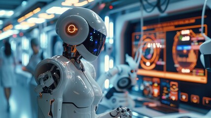 Poster - A lively, futuristic school lab, where students and teachers are working together on AI-powered projects. robot assist in coding.