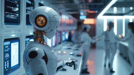 Poster - A lively, futuristic school lab, where students and teachers are working together on AI-powered projects. robot assist in coding.