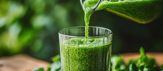 Sticker - Fresh green smoothie being poured into a glass with spinach in the foreground.