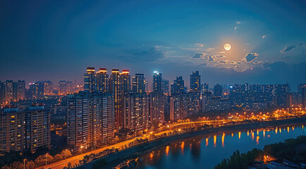 Aufkleber - Modern city skyline with illuminated buildings and the moon in sky.