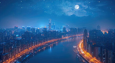 Modern city skyline with illuminated buildings and the moon in sky.