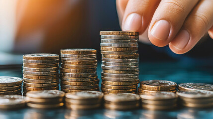 Woman hand putting coin stack coins, business and finance concept idea. Investment growth saving plan success, wealth, and financial loan deposit. Banking economy, accounting budget, insurance income.