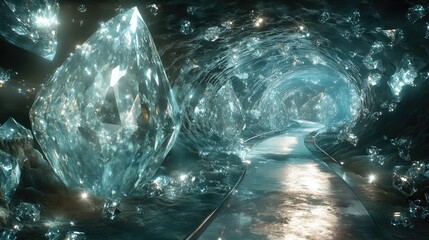 Wall Mural - A network of clear glass tunnels stretches through a cave filled with shimmering diamonds, with light dancing off the gems onto the transparent walls.