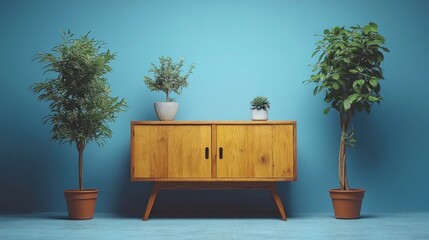 Canvas Print - A stylish wooden cabinet with plants against a blue wall.