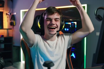 A professional gamer beams with joy, raising arms in celebration after achieving victory in an intense online championship tournament, showcasing pure excitement and passion.