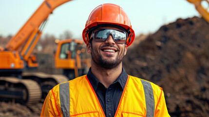 Portrait young man in orange hardhat standing with construction site. Confident male professional safety helmet and vest. Occupation contractor engineer working industrial job.