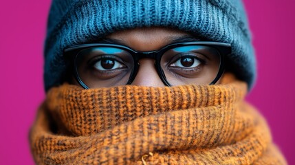 Sticker - Man wearing glasses and a blue hat is covered in a scarf. The scarf is orange and the man's face is obscured by it