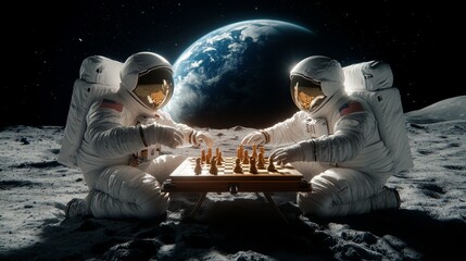 Two astronauts sit playing chess on the lunar surface, with Earth in the background, combining space exploration with a classic board game.