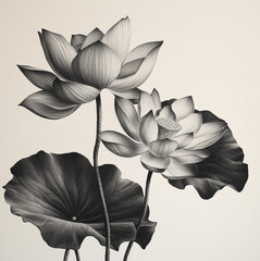 two lotus flowers with leaves black and gray.