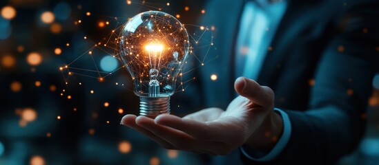 Poster - A businessman holds a glowing lightbulb in his hand, representing new ideas and innovation.