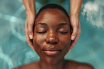 A black woman enjoys peaceful moments at a luxury resort spa, receiving a soothing massage and facial treatment for stress relief and wellness.