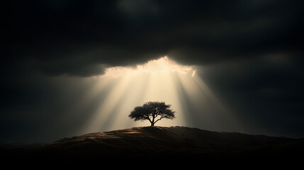 Wall Mural - A rugged landscape after a storm, with a solitary tree on a hilltop standing tall against dark, receding clouds.