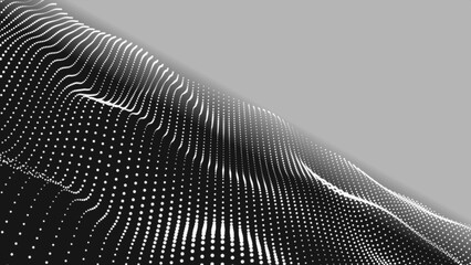 Poster - Abstract gray background wave white dot particles form. Technology futuristic digital flow seamless looping. Abstract clean wavy dots motion background