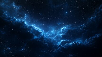 Wall Mural - An abstract digital art background featuring deep blue and dark black colors, with swirling clouds of stars that form the shape of cloud-like structures in space.