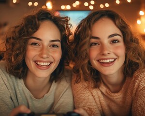 Two joyful women playing video games together, smiling, cozy atmosphere with warm lights.