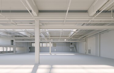 Poster - Interior of a warehouse. 3D rendering. White view. Clay render.