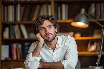 Poster - Young man with a beard and a white shirt is sitting on a desk with a lamp on it. He is resting his head on his hand, possibly feeling tired or bored