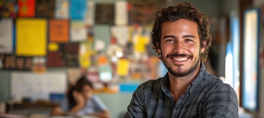 Poster - Man with a big smile is posing for a picture in a classroom. The classroom is decorated with posters and has a window