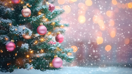 Sticker - Christmas Tree with Pink and Gold Ornaments in Snowy Scene with Bokeh Lights