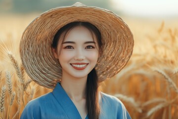 Sticker - Woman wearing a straw hat is smiling in a field of wheat. The sun is shining brightly, creating a warm and inviting atmosphere. The woman's smile and the bright colors of her hat