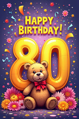 80th birthday card. Birthday card with a teddy bear sitting on a bed of flowers, celebrating an 80th birthday with the text Happy Birthday! and a large number eighty.