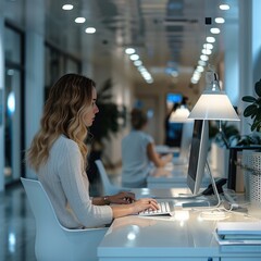 Canvas Print - A woman work on the computer in a clean office setting.