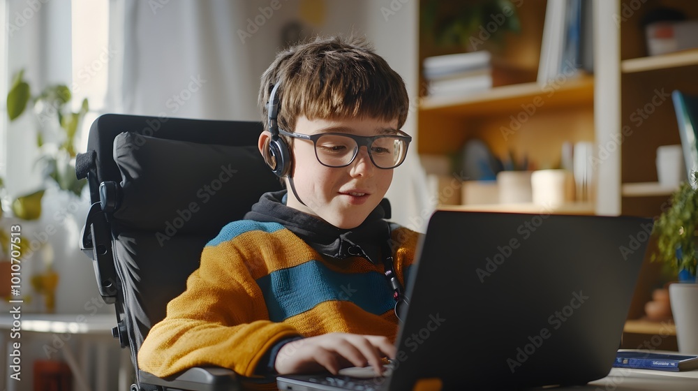Student with Disabilities Using Voice Controlled Laptop in Bright Home ...