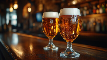 Two glasses of beer are sitting on a bar top in a warmly lit pub, with condensation clinging to the sides of the glasses