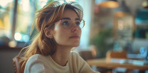 Poster - A woman sitting in an office.